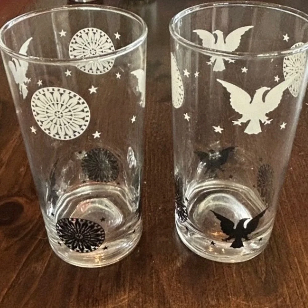 Vintage Barware Highball Glasses Patriotic Eagle Star Set Bicentennial Americana